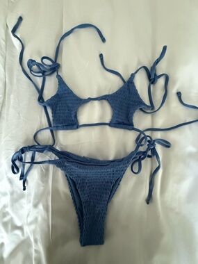 Smocked Tie-Side Bikini Set - Blue